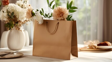 Floral Arrangement in Kraft Paper Gift Bag
, A kraft paper gift bag with delicate flowers, placed on a table next to pastries, creating a soft, natural ambiance.
