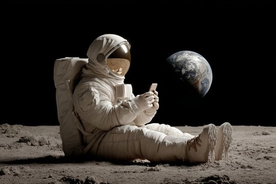 A man in a spacesuit is sitting on the moon and looking at his cell phone. astronaut with smartphone concept.