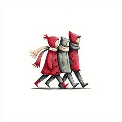 Obraz premium Three children walking in winter attire through a snowy landscape on a chilly day