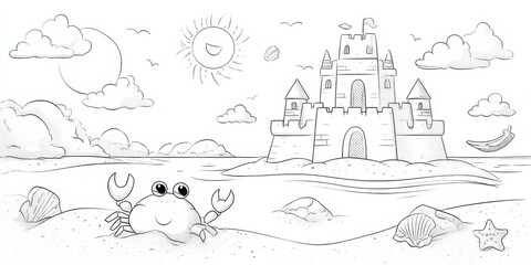 Obraz premium Crab and sandcastle by the beach on a sunny day with clouds and ocean waves