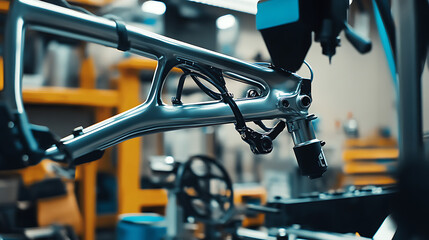 Mechanical arm assembling bicycle frames in a bike manufacturing plant, neatly arranged parts and welding stations visible, Bicycle production style