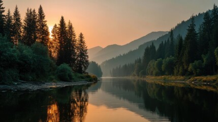 Obraz premium Sunset over calm river surrounded by mountains and forests in a serene landscape