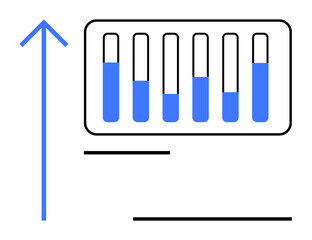 Vertical arrow and test tubes partially filled with liquid showcase growth and data analysis. Ideal for science, research, progress, medical technology, health innovation, productivity, simple