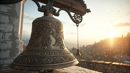 Fototapeta premium Ornate Bronze Bell at Sunset, Detail, Sun ,Golden hour