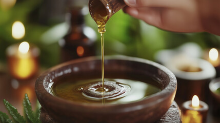 Close-up of hands gently massaging shoulders with warm oil.