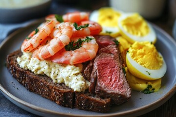 Danish open sandwiches featuring roast beef with remoulade tomato horseradish on rye plus egg shrimp lemon and mayo