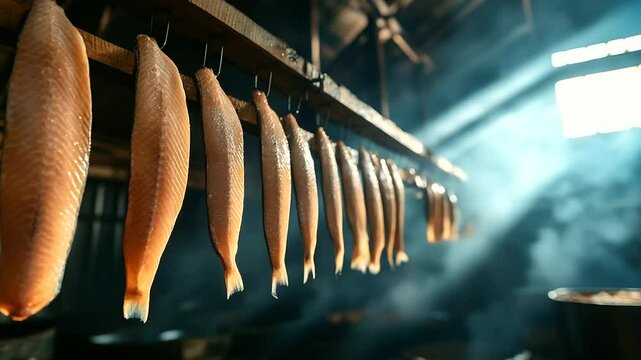 Smoked fish hangs from wooden rods inside a traditional smokehouse, the golden brown fillets glistening with rich seasoning. The air is thick with smoke, as salted seafood slowly t