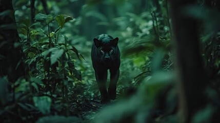 A majestic black panther prowls through a dense, green jungle, its piercing eyes glimmering in the dappled light.