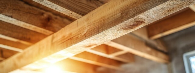 Wooden beams support ceiling structure in a well-lit basement renovation project during daylight hours