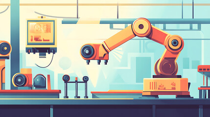 Mechanical arm assembling complex automation systems for factories in a robotics manufacturing plant, clean workstations with automation components visible, Automation system assembly style
