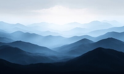 Serene blue mountain ranges fading into mist