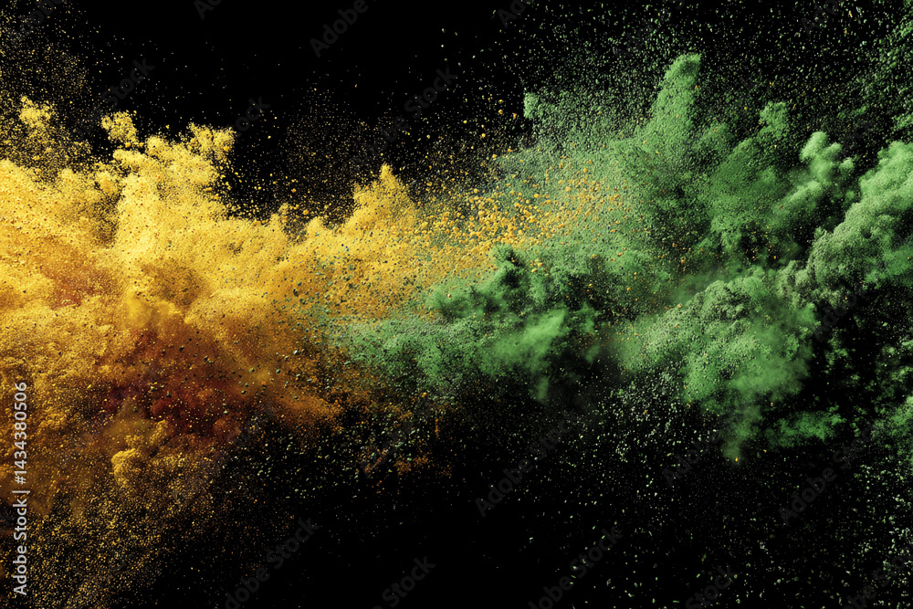 Aufkleber Abstract image of gold and green powder explosion against black background, creating a dynamic and vibrant effect, symbolizing energy, creativity, and contrast