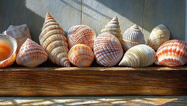 A collection of beautifully patterned seashells arranged on a rustic wooden shelf in soft light