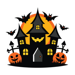 Haunted Halloween Scene with Bats, Pumpkin, and Spooky Mansion at Night