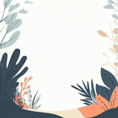 Fototapeta premium Flat illustration of a cute jungle scene featuring plants and leaves on the left, ample white space for text, with a simple, high-contrast design.