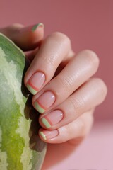 Elegant french manicure with green tips on watermelon-themed background