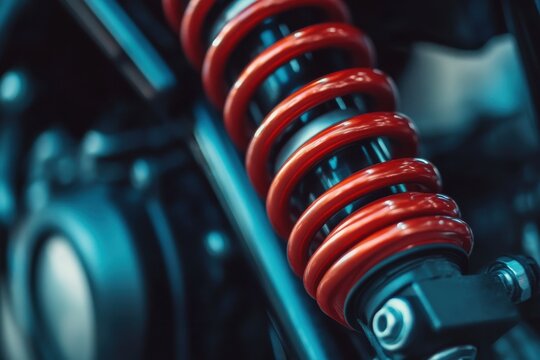 Detailed view of motorcycle s red shock absorber highlighting the suspension