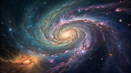 Fototapeta premium Spiral Galaxy with Two Cores Swirling Cosmic Depths and Nebulas, Galaxy, Stars