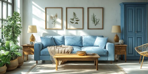 Sunlit living room with light blue sofa and wooden accents