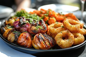Fototapeta premium roasted vegetables beside a deep-fried onion ring platter