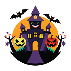 Haunted Halloween Scene with Bats, Pumpkin, and Spooky Mansion at Night
