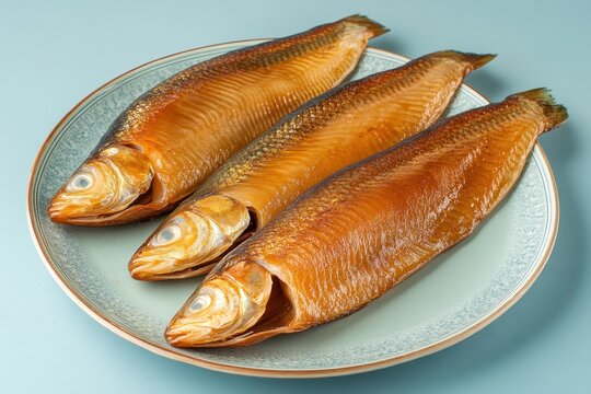Dish of smoked herring on blue backdrop