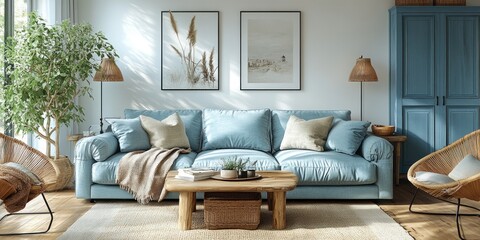 Light and airy living room with light blue sofa