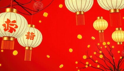 Obraz premium Chinese New Year Festivity: Lanterns, Coins, and Red Background
