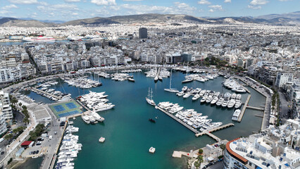 Aerial drone photo of beautiful round harbour and Marina of  Zea or Passalimani in the heart of Piraeus as seen from high altitude, Attica, Greece