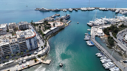 Aerial drone photo of beautiful round harbour and Marina of  Zea or Passalimani in the heart of Piraeus as seen from high altitude, Attica, Greece