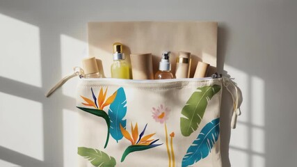 Floral patterned cosmetic bag contains various sustainable beauty products, showcasing eco conscious beauty routine with natural and reusable packaging under soft window light