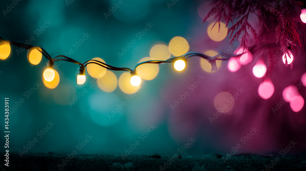 Aufkleber String lights illuminate a dark background, creating warm and cool bokeh effects, showcasing a festive and magical atmosphere, ideal for holiday or celebratory designs