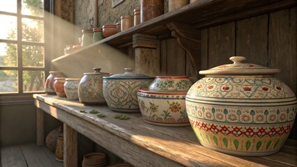 Sunlit Shelf Painted Ceramic Jars on Wooden Shelves, pottery, rustic