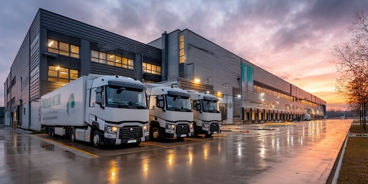 Warehouse at Dusk with Trucks