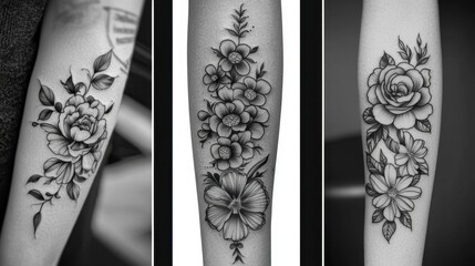 Intricate floral tattoos adorn forearms showcasing detailed designs in black ink