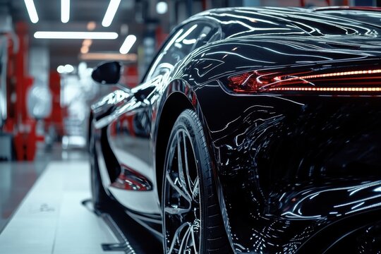 Expert car detailing in the workshop using polish or wax with a buffer