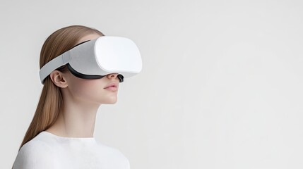 A woman wearing virtual reality headset in a minimalist white studio, side profile view, modern technology concept, and clean and bright composition.