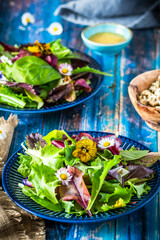 Fresh salad with mixed varieties and edible flowers on a blue wooden background