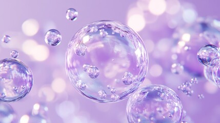 Floating iridescent bubbles, purple background, bokeh, skincare ad