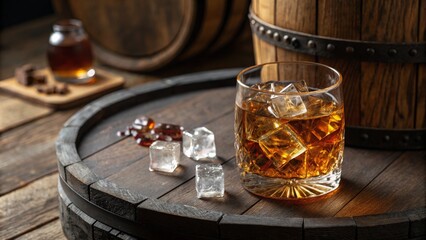 Whiskey with ice on barrel top, Still life, Alcohol ,Drink Whiskey in glass on barrel, Still life, Drink, Bourbon Whiskey with ice