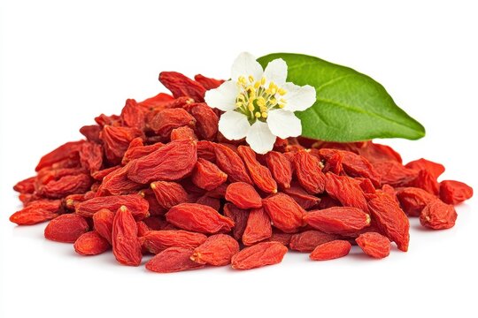 Fresh ripe goji berry with leaves and flowers isolated on white