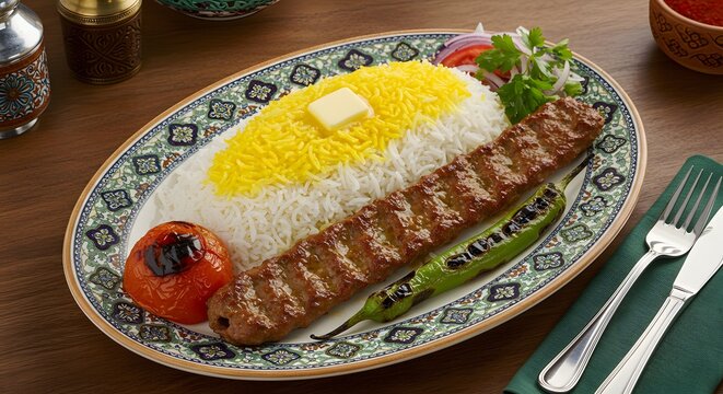  Iranian chelo kebab with saffron rice, grilled tomato, and butter melting on the rice