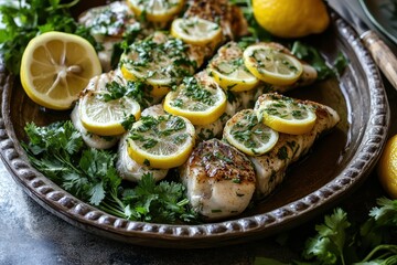 Fresh Siberian sturgeon steaks grilled with lemon and cilantro on a table