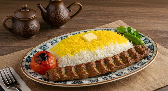 Iranian chelo kebab with saffron rice, grilled tomato, and butter melting on the rice