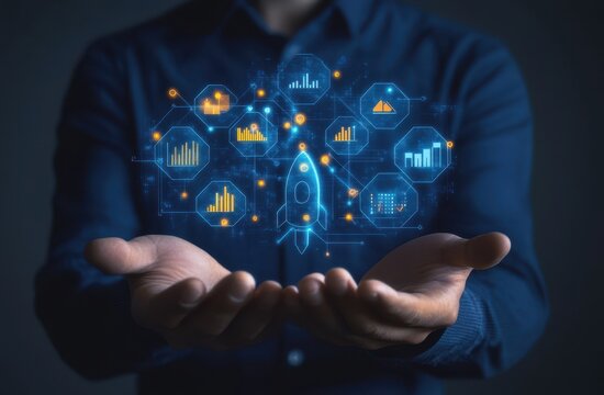 A man holds a futuristic rocket surrounded by data visualizations, symbolizing innovation and growth