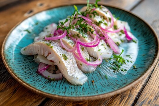 Freshly salted herring with onions known as Hollandse Nieuwe served on a turquoise plate against a wooden backdrop European cuisine theme