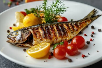 Fried fish fillets with vegetable side on a white plate