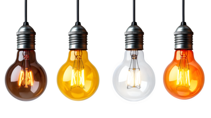 Hanging yellow light bulbs in various brightness levels, isolated on white background