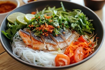 Fried mackerel with fresh veggies rice noodles spicy sauce and vermicelli