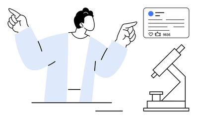 Person in lab coat presenting data alongside a microscope and a social media-style analytics card. Ideal for science, research, technology, innovation, social media, education, simple landing page